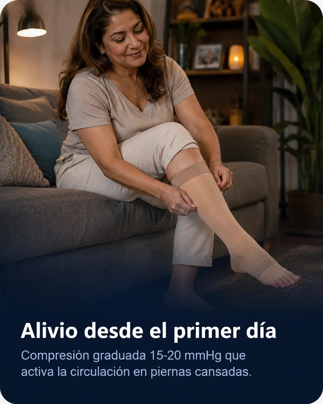 Mujer en casa con las medias de compresión puestas, alivio al final del día